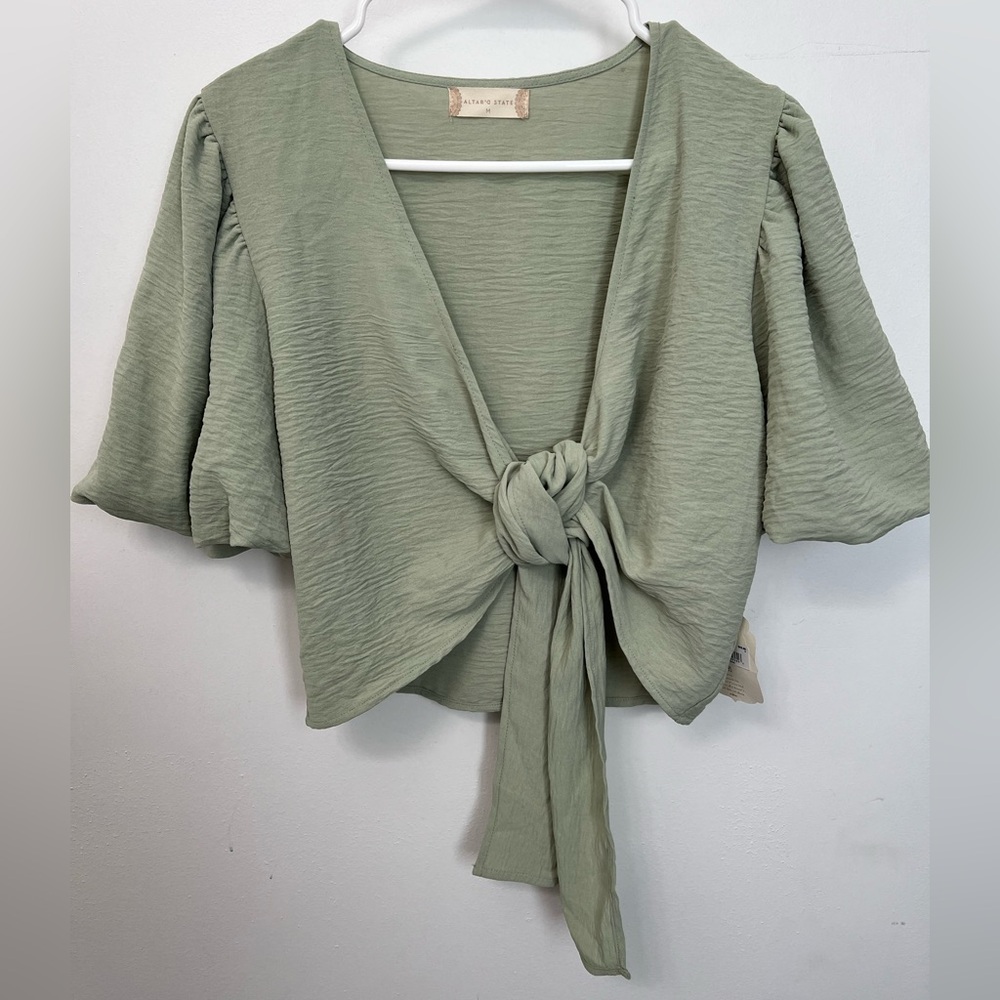 Altar'd State Sage Tie-Front V-Neck Blouse in Desert Sage M